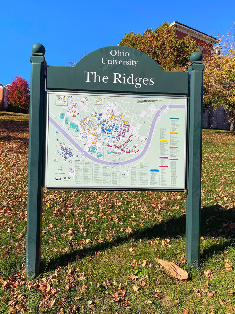 The Ridges Campus sign with the locations of each building.