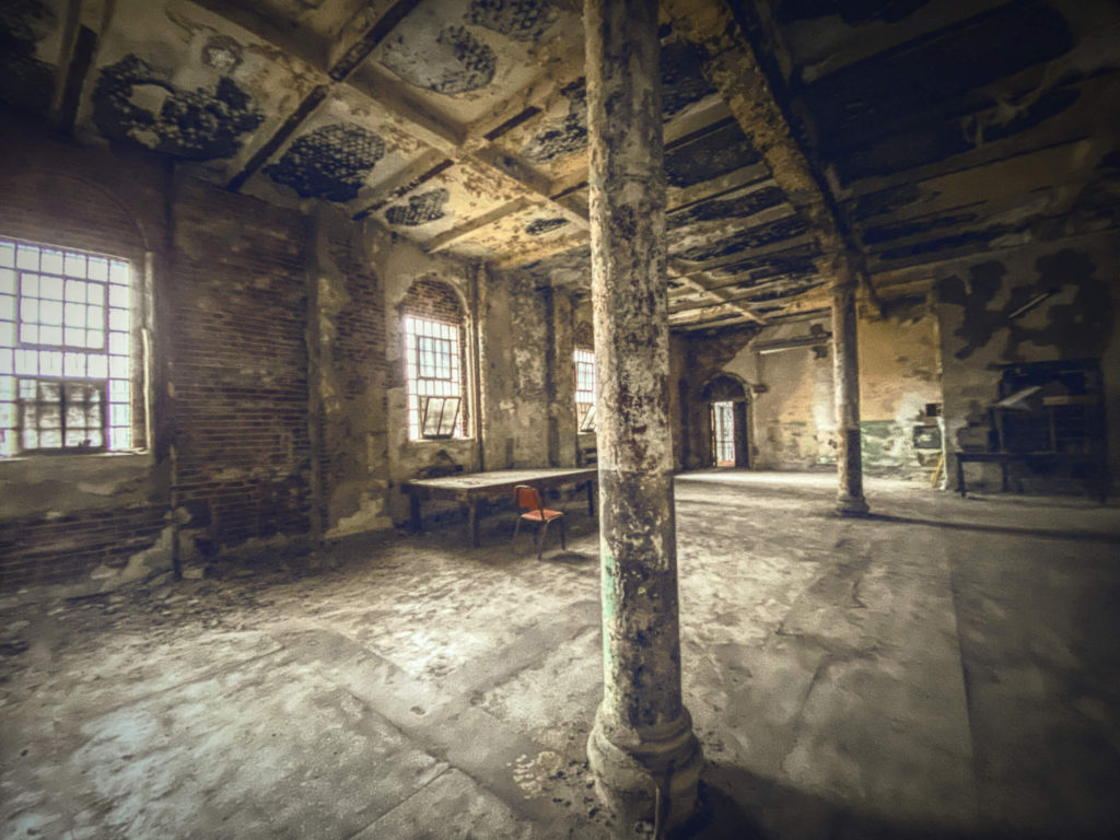 Poles and windows inside the Infirmary of the Mansfield Reformatory